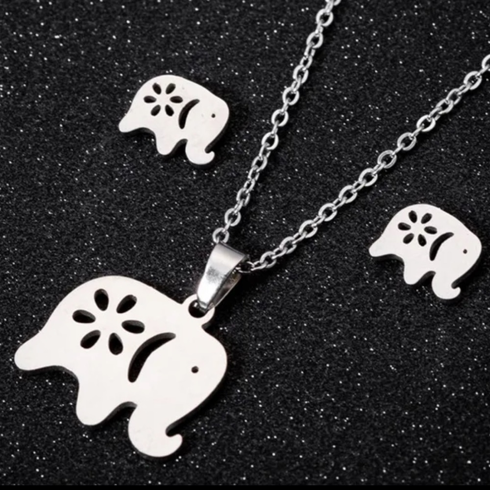 Elephant Necklace and Earrings Set STAINLESS STEEL Non Tarnish with Gift Box